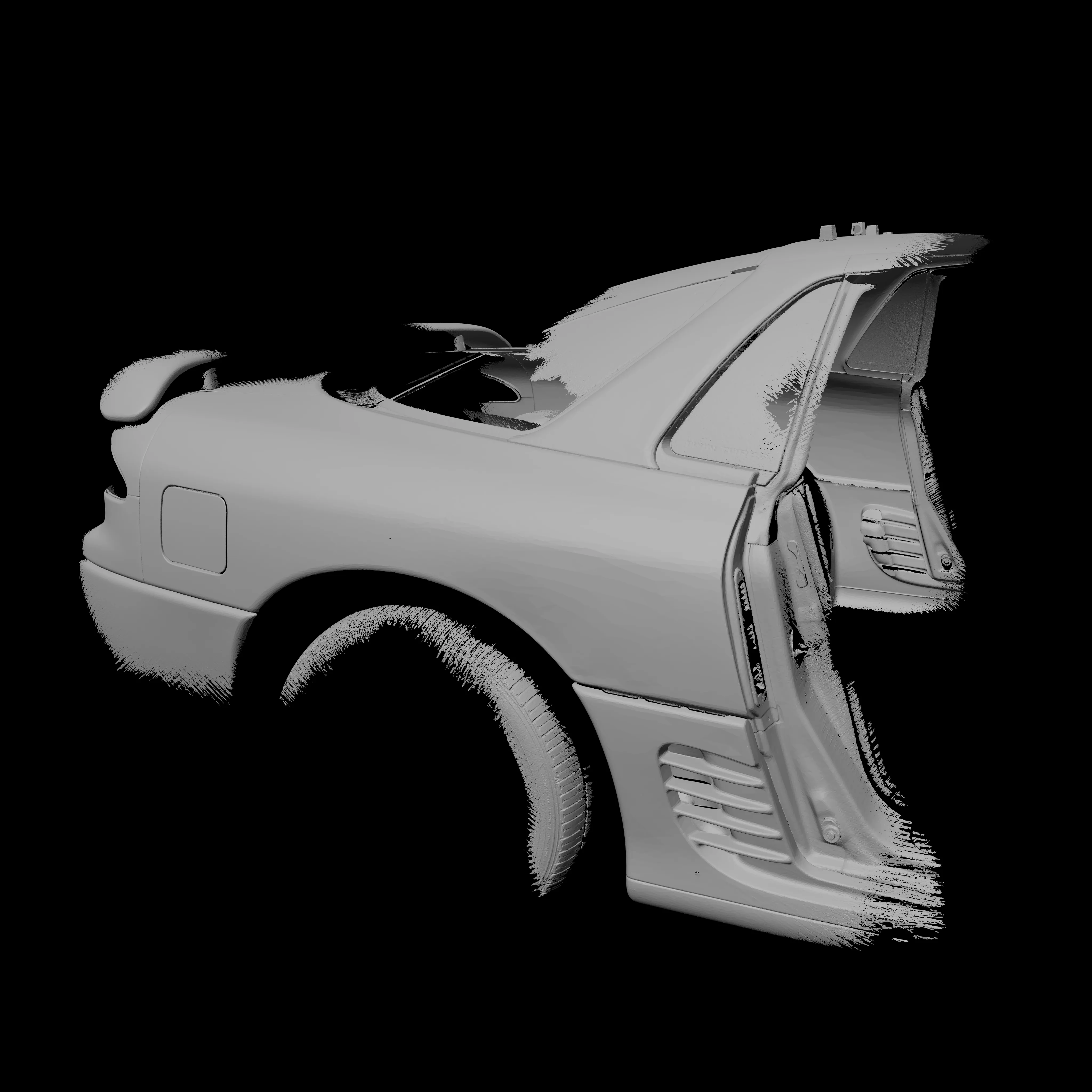 Grey 3D scan mesh of the rear of a car, with the trunk lid open